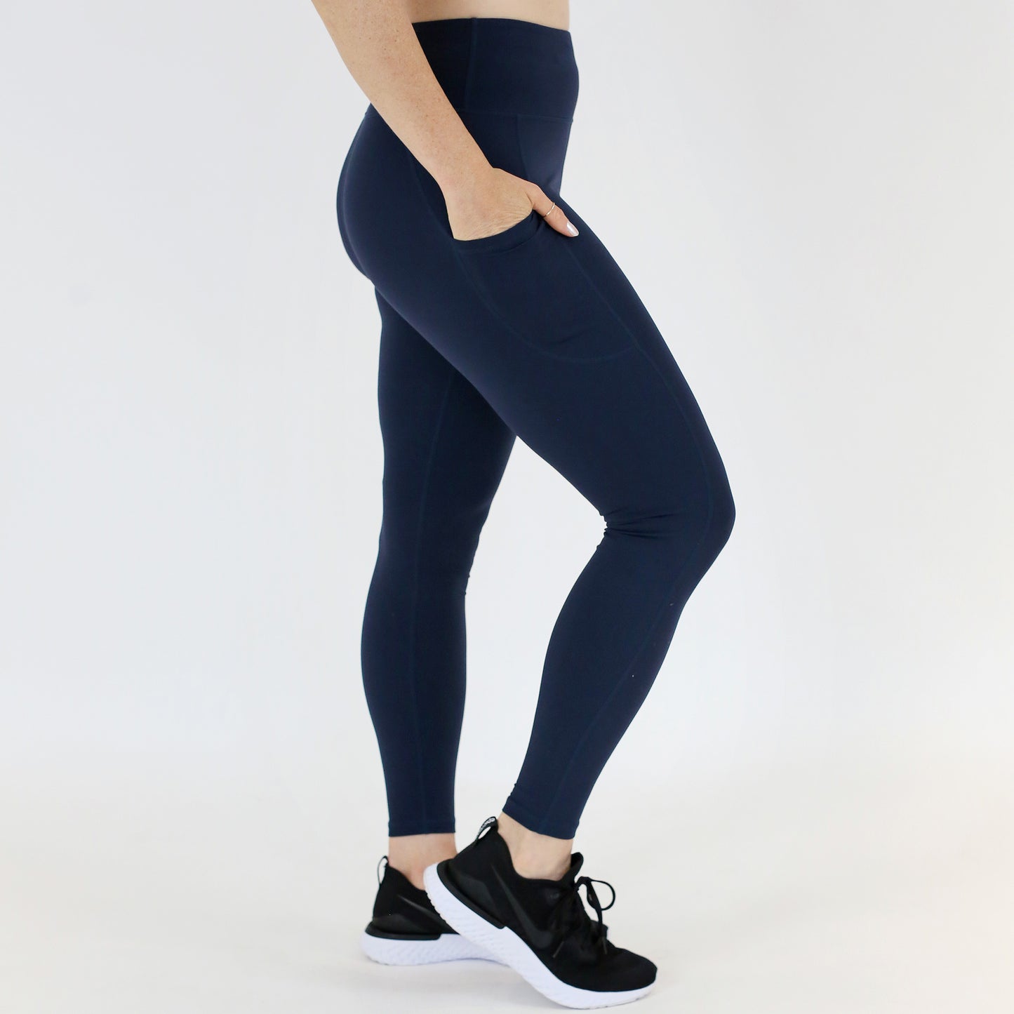COOLOMG Women Leggings High Waisted Yoga Pants with Side Pocket Grey/Navy  Blue